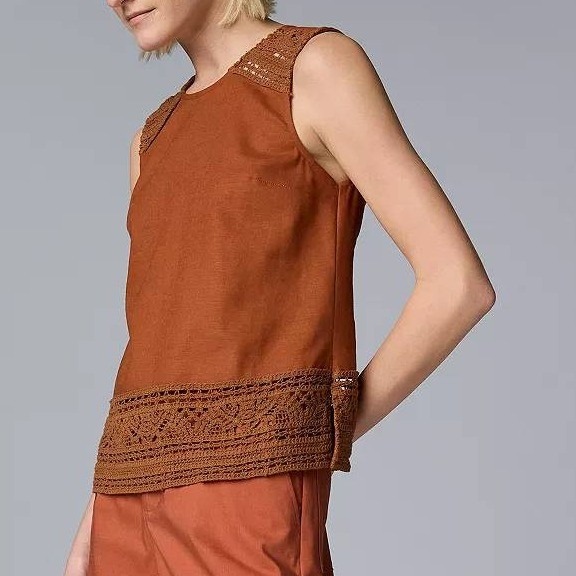 Simply Vera Vera Wang Womens 0x Terracotta Linen Blend Crochet Lace Trim Top